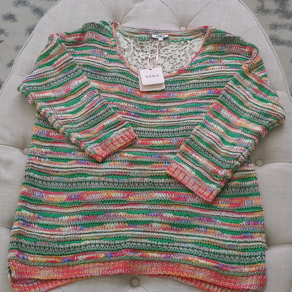 Yuka France Pastel Striped Sweater Lace Back XL